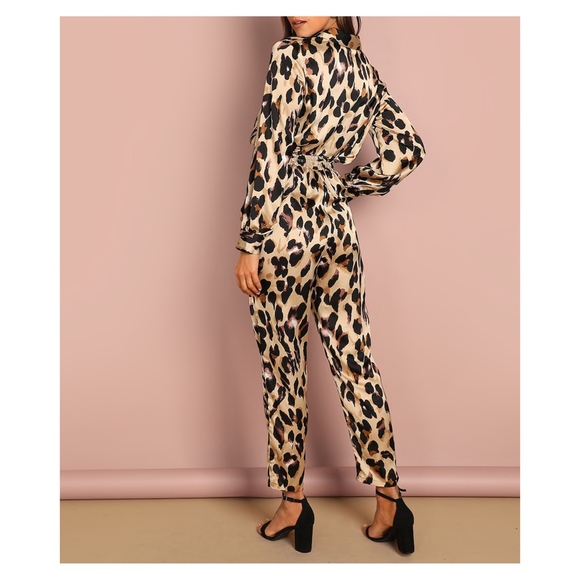 Animal Print Long Sleeve Cocktail Satin Jumpsuit - Picture 2 of 6